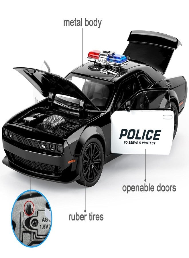 KING FORU Scale Exclusive Alloy Metal Pull Back Die-cast Car Model with Sound Light Mini Auto Toy for Kids Metal Model Toy Car with Sound and Light (1.24 Scale Dodge Challenger Police-Black) - Image 5